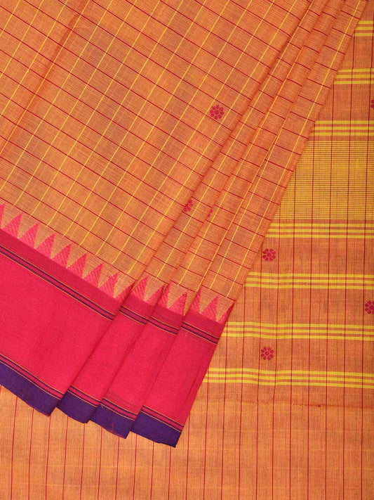 Orange and Pink Kanchipuram Cotton Saree with Checks Design k0959