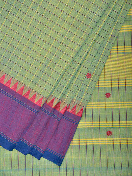 Turquoise and Purple Kanchipuram Cotton Saree with Checks Design k0961