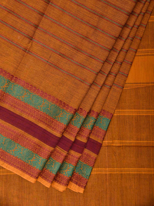 Mustard Kanchipuram Cotton Saree with Strips and Border Design k0962