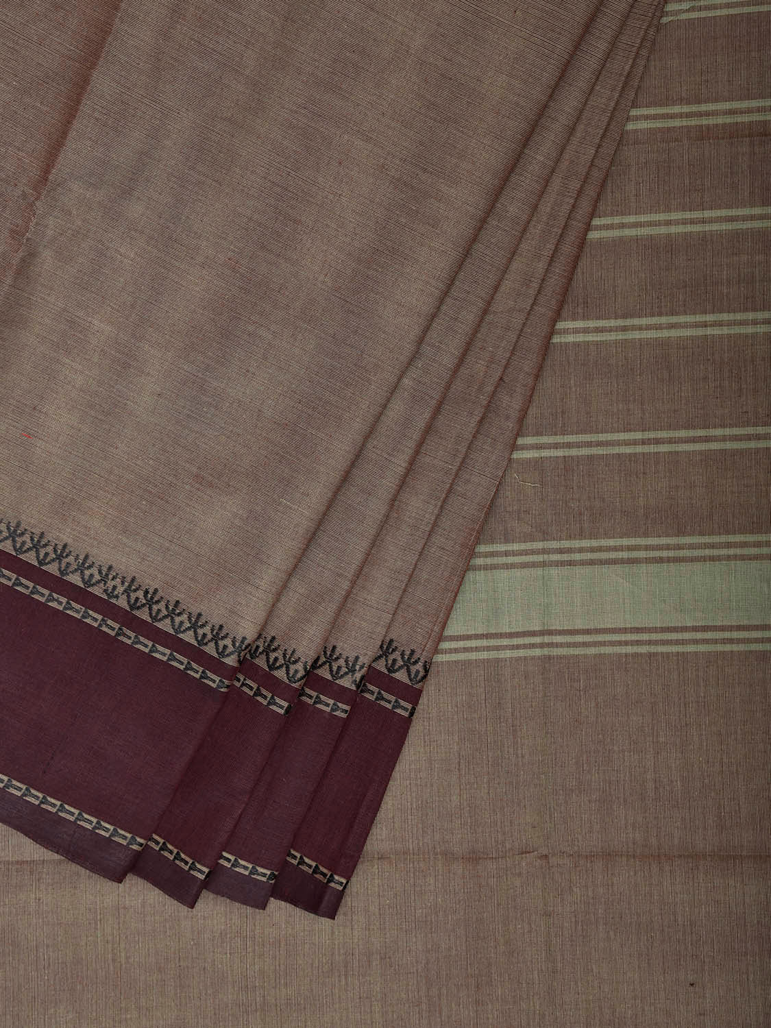 Grey and Wine Kanchipuram Cotton Plain Saree with Strips Pallu Design k0963