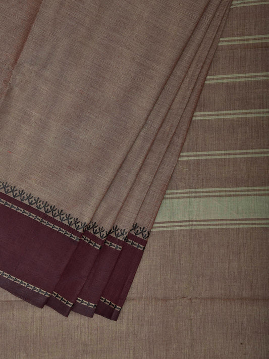 Grey and Wine Kanchipuram Cotton Plain Saree with Strips Pallu Design k0963