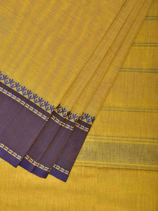 Yellow and Dark Blue Kanchipuram Cotton Plain Saree with Strips Pallu Design k0964
