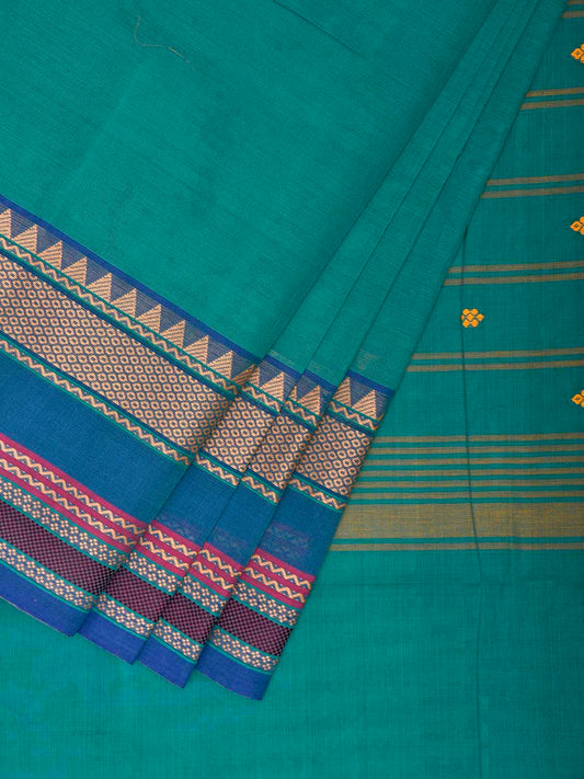 Turquoise and Blue Kanchipuram Cotton Saree with Strips Pallu Design k0965