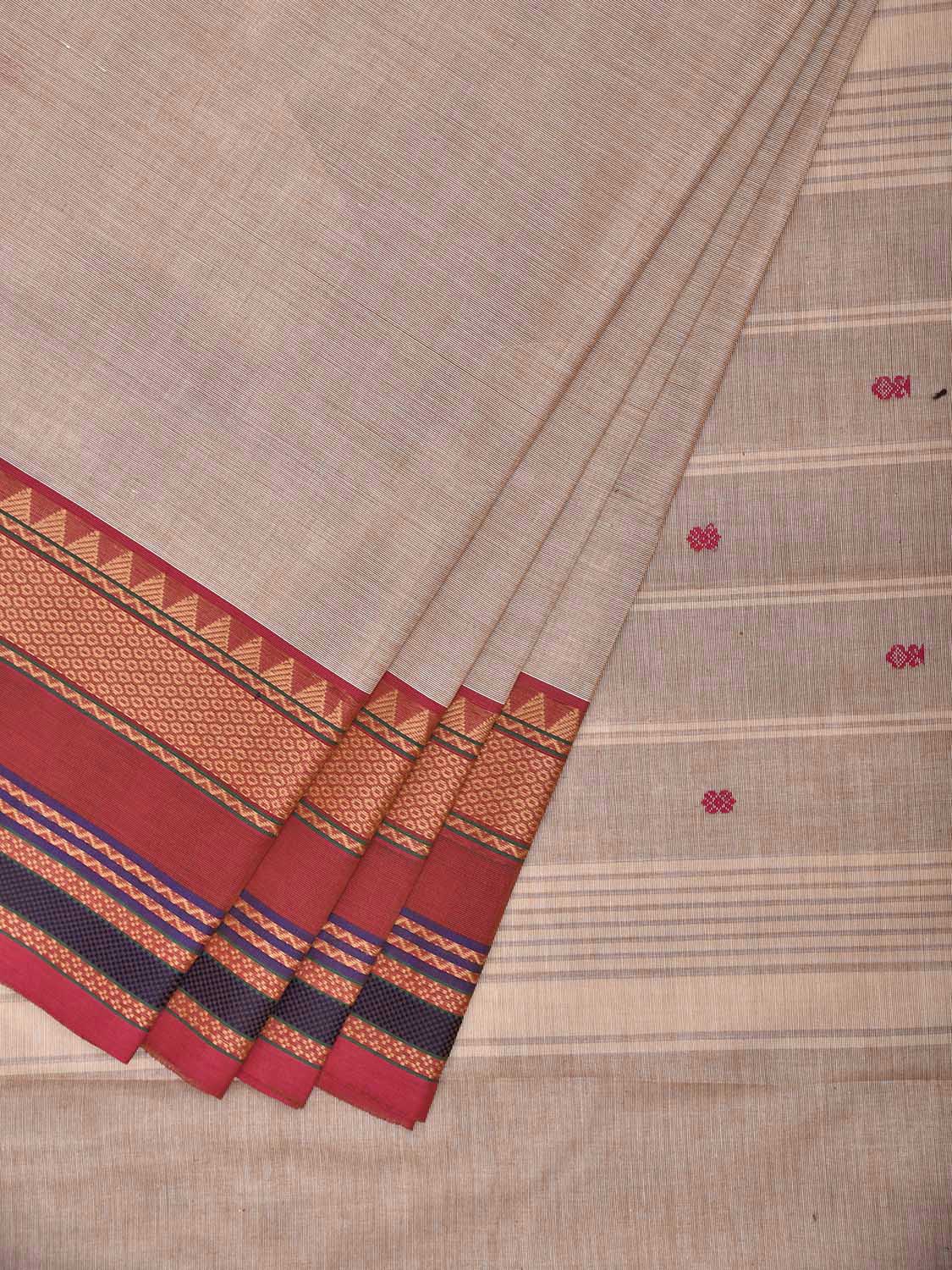 Cream and Dark Peach Kanchipuram Cotton Saree with Strips Pallu Design k0966