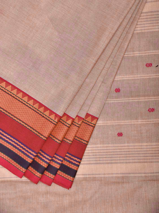 Cream and Dark Peach Kanchipuram Cotton Saree with Strips Pallu Design k0966