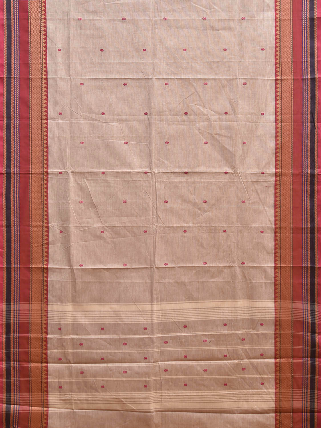 Cream and Dark Peach Kanchipuram Cotton Saree with Strips Pallu Design k0966