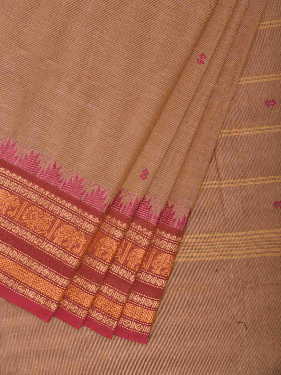 Light Fawn and Pink Kanchipuram Cotton Saree with Strips Pallu Design k0967