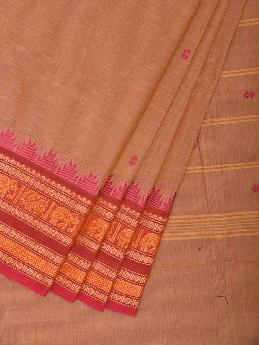 Light Fawn and Pink Kanchipuram Cotton Saree with Strips Pallu Design k0967