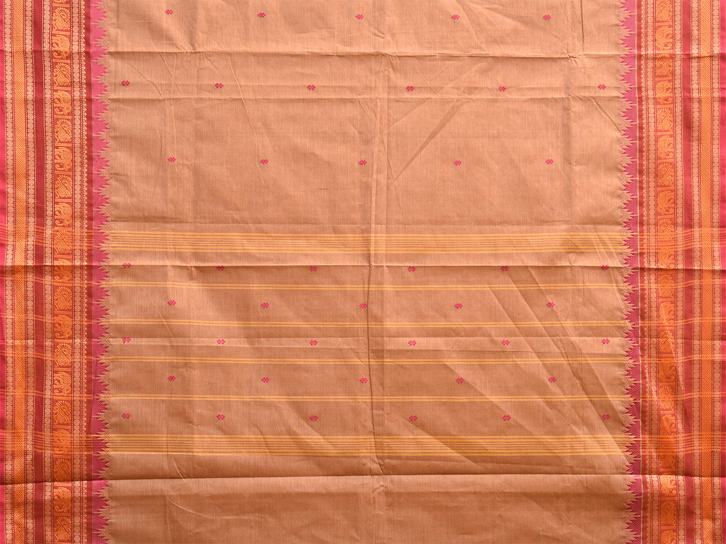 Light Fawn and Pink Kanchipuram Cotton Saree with Strips Pallu Design k0967