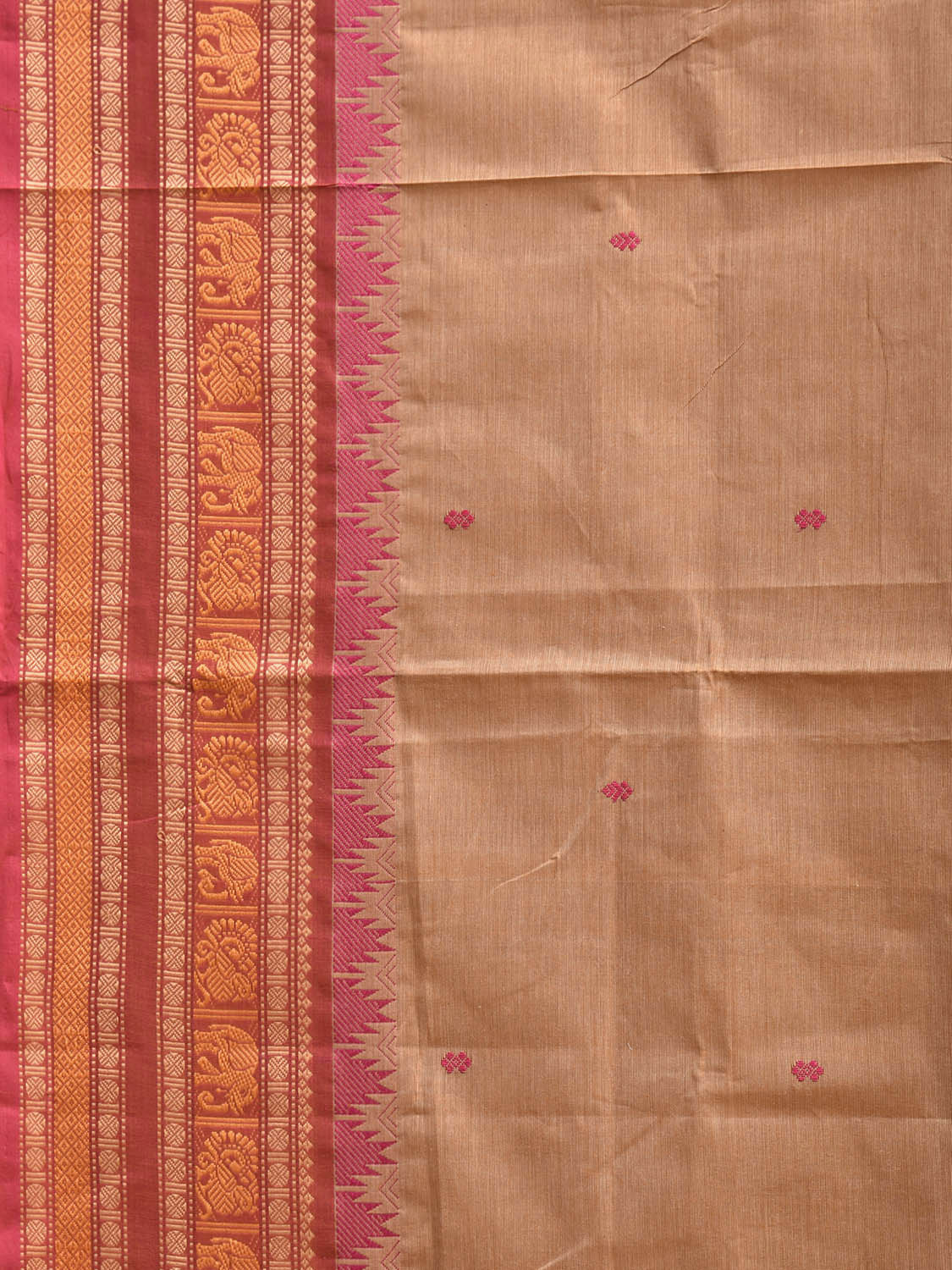Light Fawn and Pink Kanchipuram Cotton Saree with Strips Pallu Design k0967