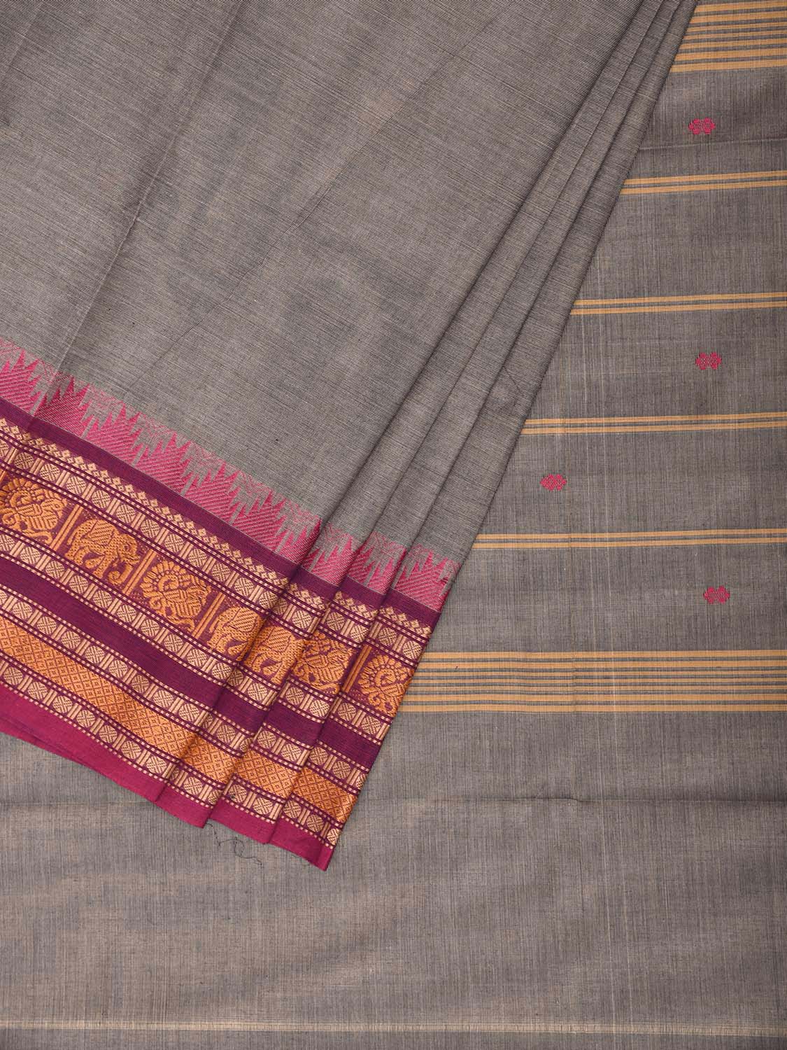 Grey and Pink Kanchipuram Cotton Saree with Strips Pallu Design k0968