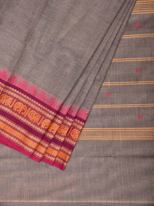 Grey and Pink Kanchipuram Cotton Saree with Strips Pallu Design k0968
