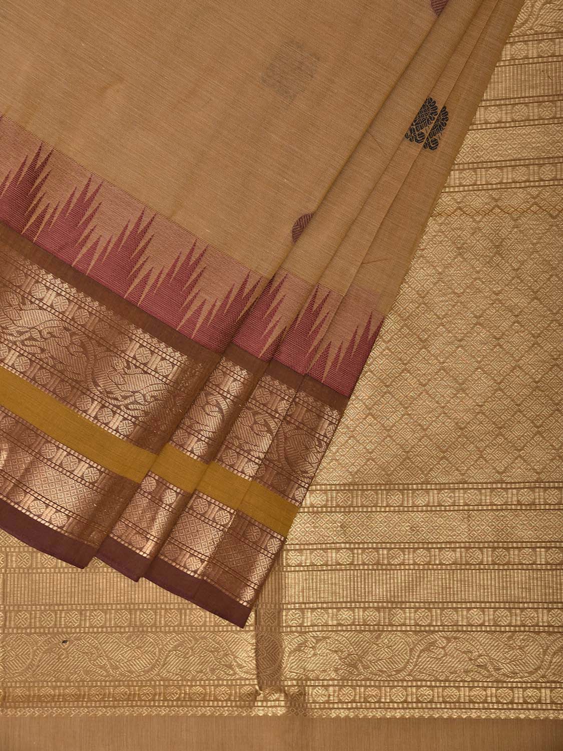 Cream Kanchipuram Cotton Saree with Big Temple Border and Pallu Design k0969