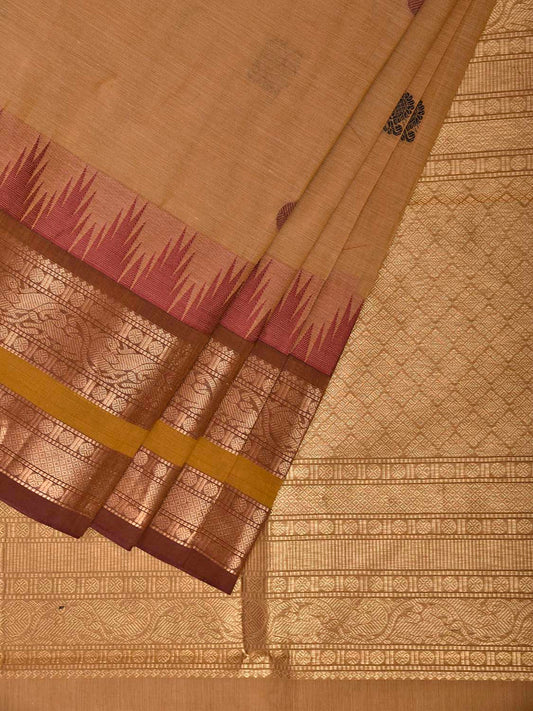 Cream Kanchipuram Cotton Saree with Big Temple Border and Pallu Design k0969