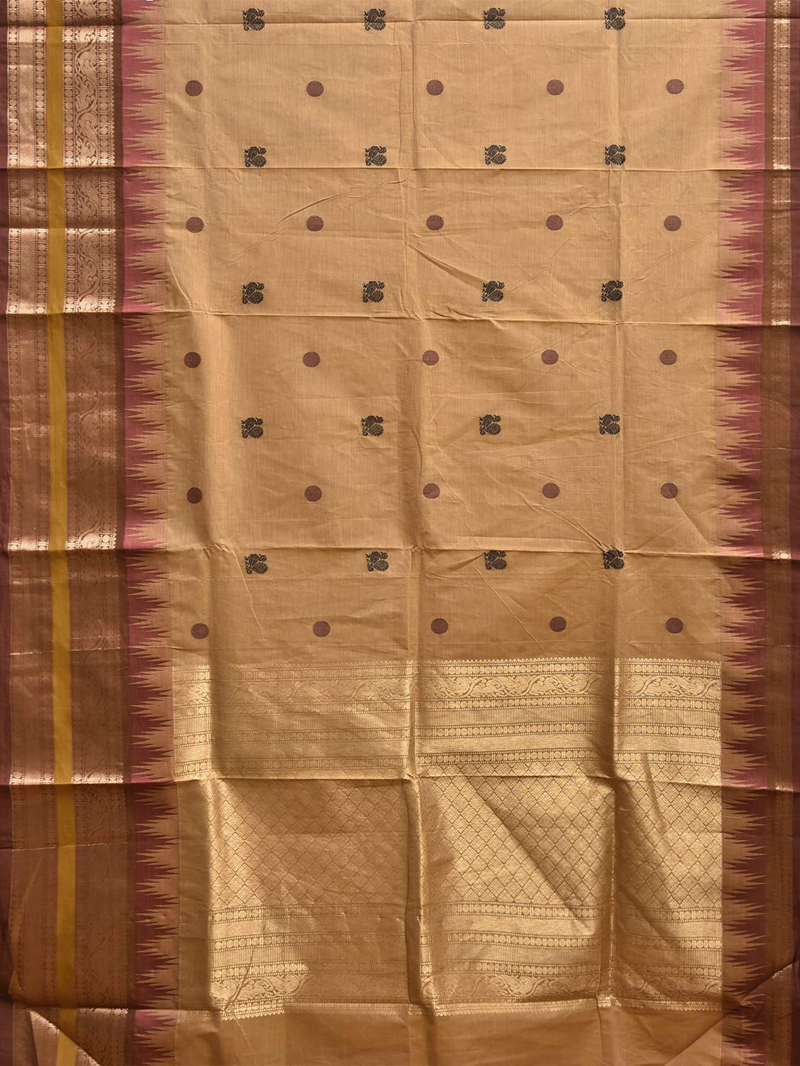 Cream Kanchipuram Cotton Saree with Big Temple Border and Pallu Design k0969