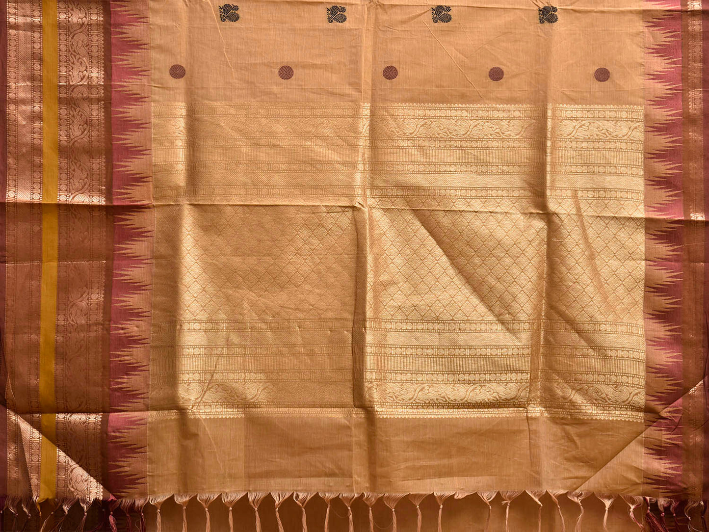 Cream Kanchipuram Cotton Saree with Big Temple Border and Pallu Design k0969
