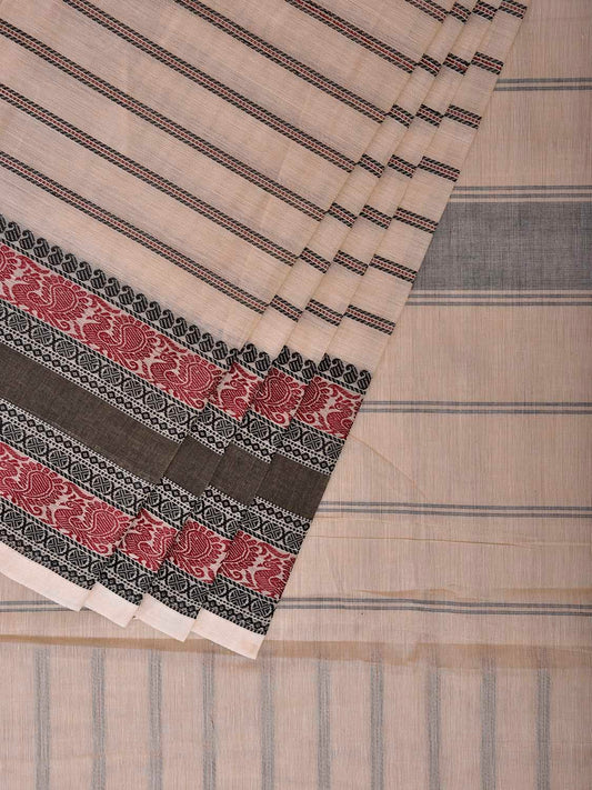 White and Black Kanchipuram Cotton Saree with Strips and Border Design k0970