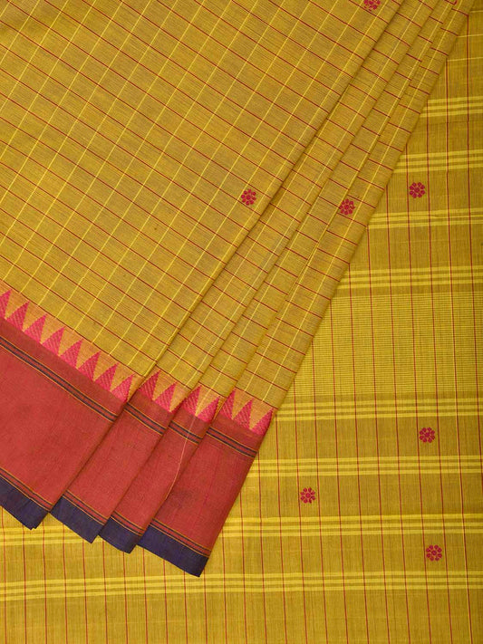 Yellow and Red Kanchipuram Cotton Saree with Checks and Temple Border Design k0971