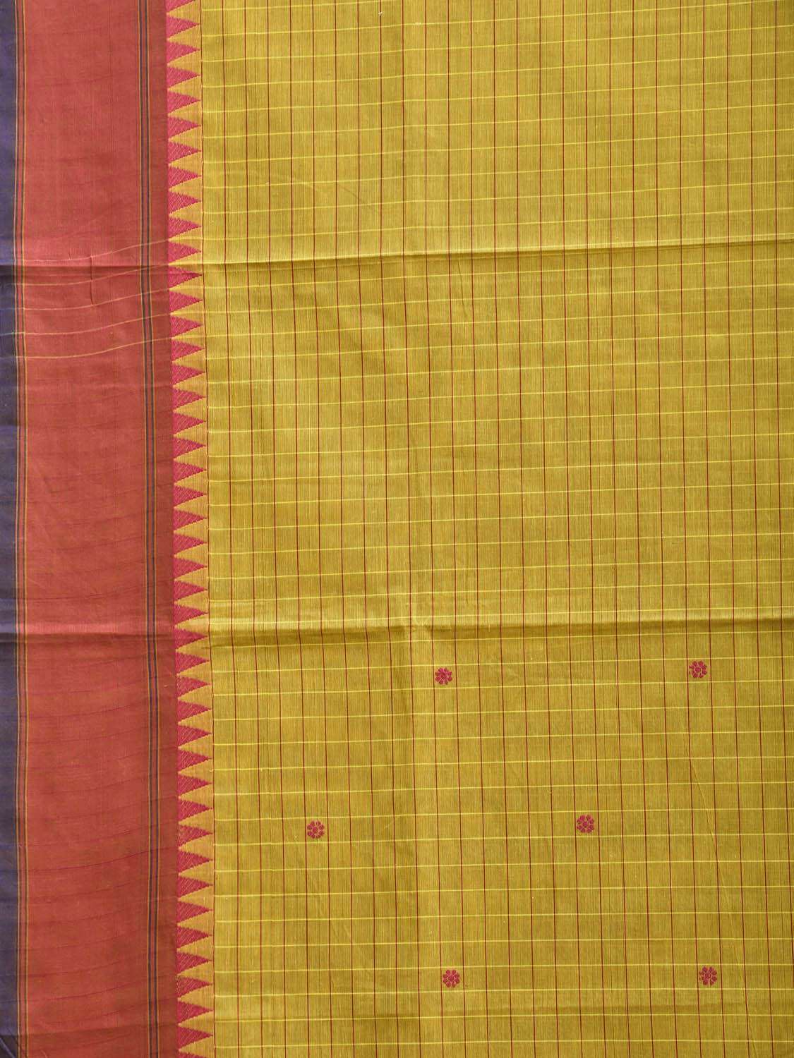 Yellow and Red Kanchipuram Cotton Saree with Checks and Temple Border Design k0971