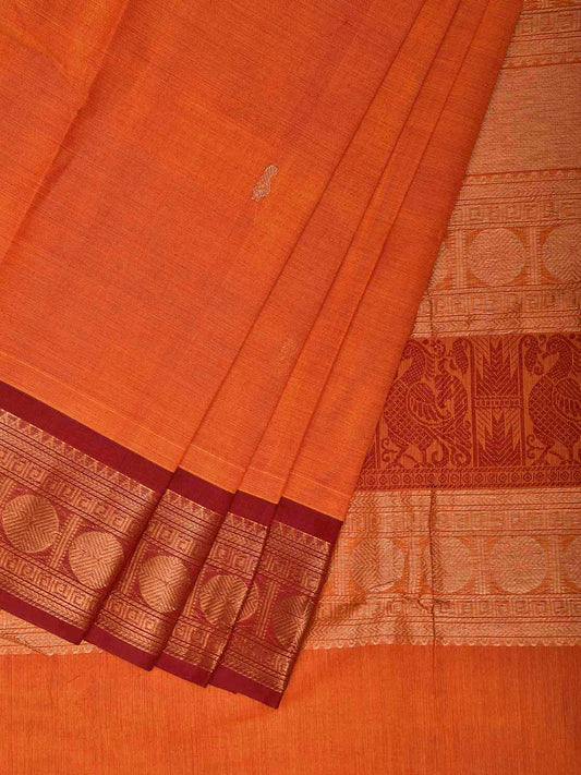 Orange and Red Kanchipuram Cotton Saree with Pallu and Border Design k0972