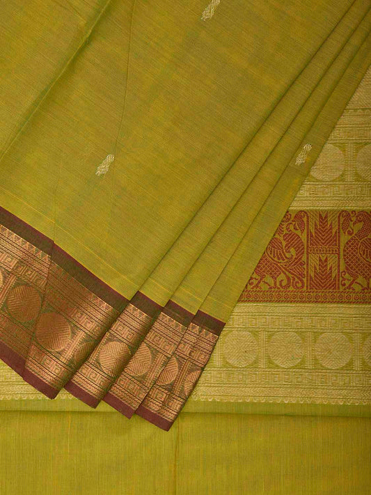 Green and Red Kanchipuram Cotton Saree with Pallu and Border Design k0973