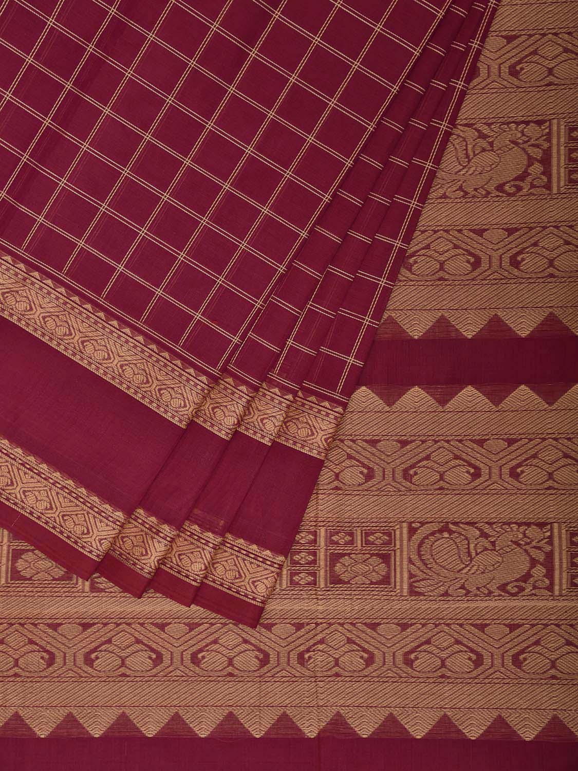 Magenta Kanchipuram Cotton Saree with Checks and Pallu Design k0974