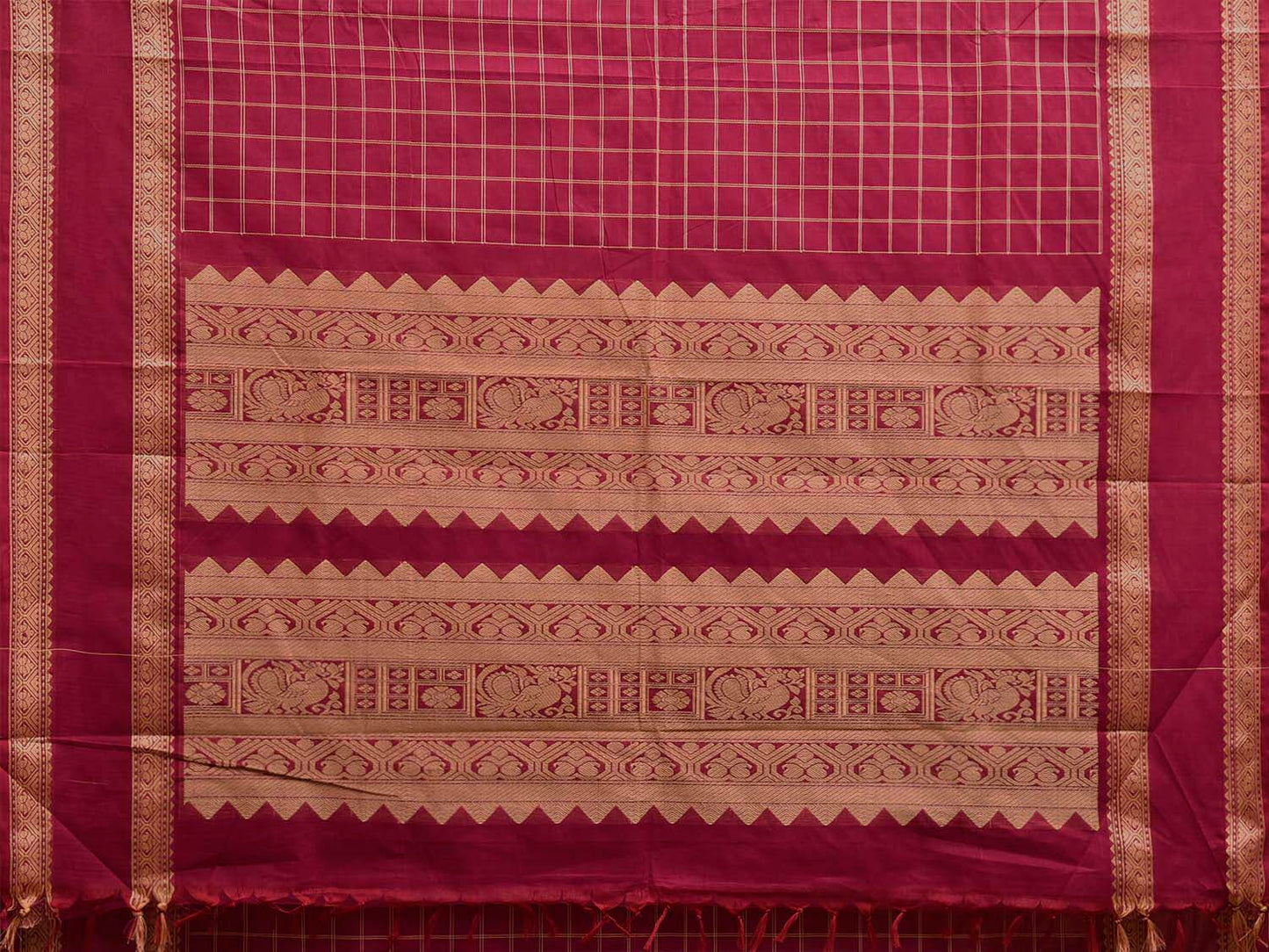 Magenta Kanchipuram Cotton Saree with Checks and Pallu Design k0974