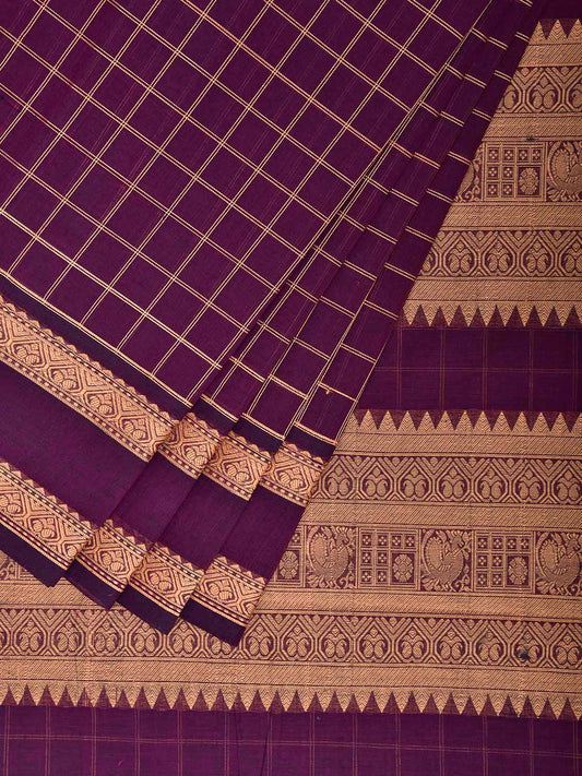 Purple Kanchipuram Cotton Saree with Checks and Pallu Design k0975