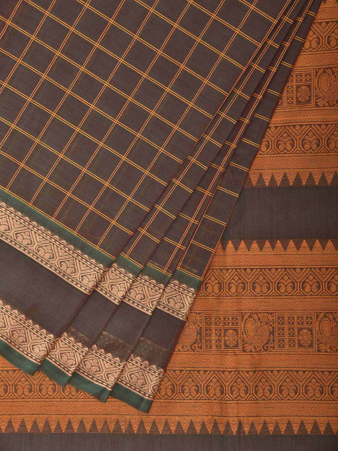 Dark Khaki Kanchipuram Cotton Saree with Checks and Pallu Design k0976