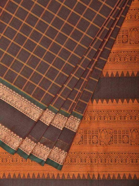 Dark Khaki Kanchipuram Cotton Saree with Checks and Pallu Design k0976