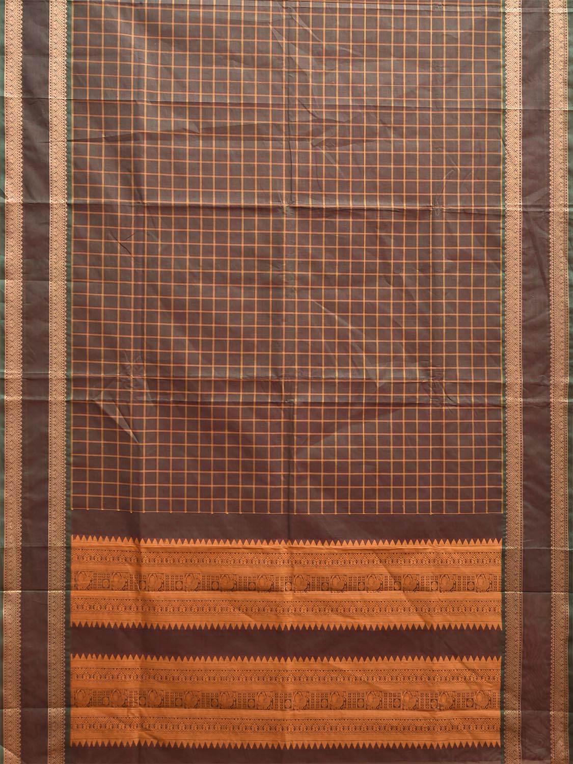 Dark Khaki Kanchipuram Cotton Saree with Checks and Pallu Design k0976