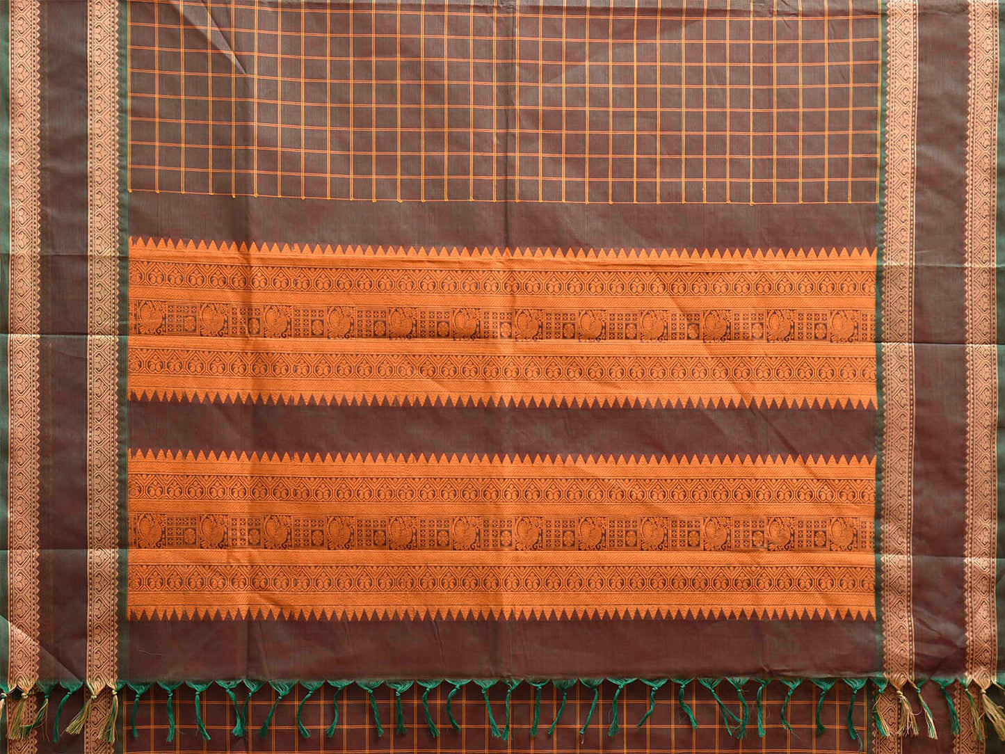 Dark Khaki Kanchipuram Cotton Saree with Checks and Pallu Design k0976