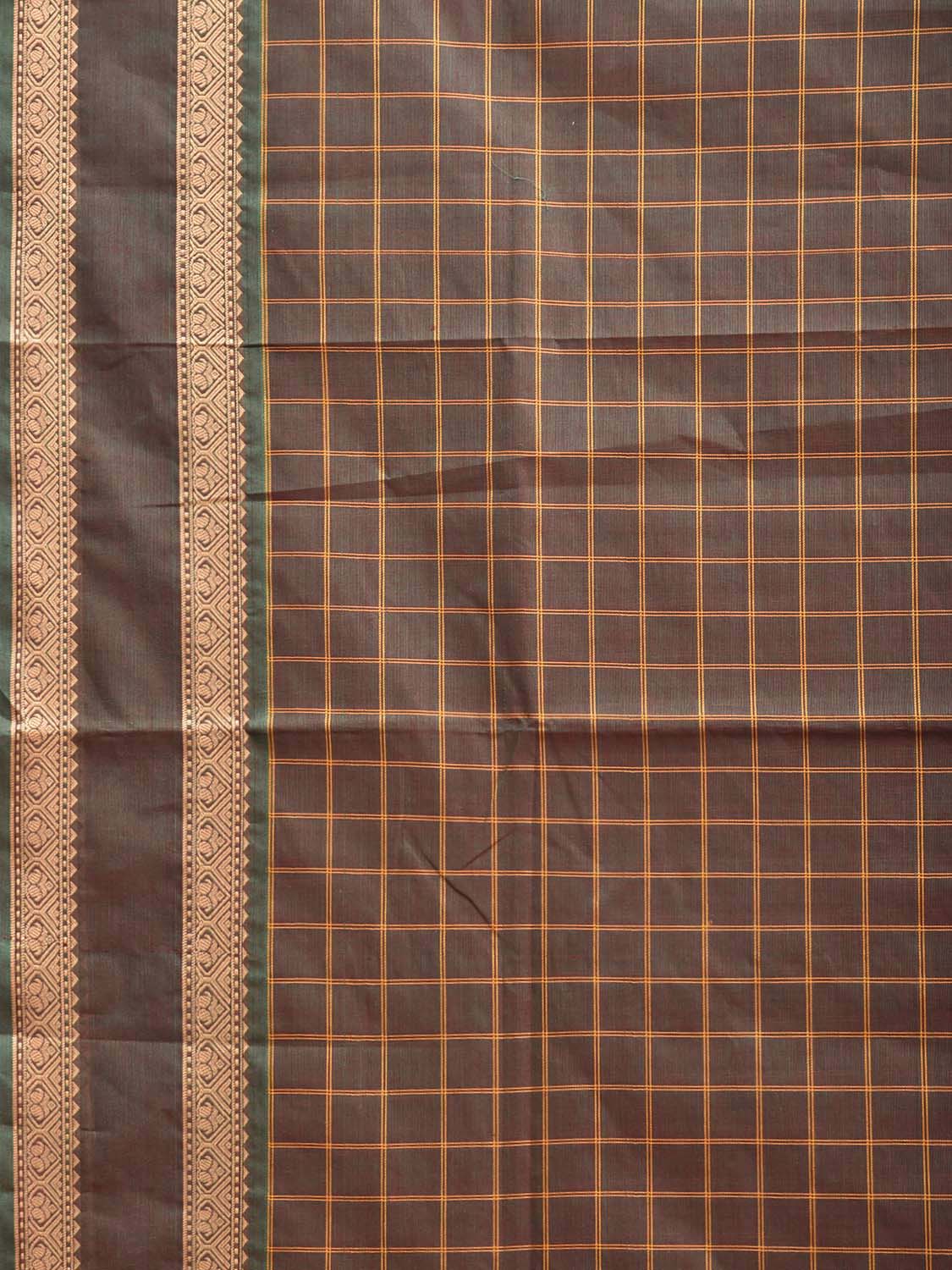 Dark Khaki Kanchipuram Cotton Saree with Checks and Pallu Design k0976
