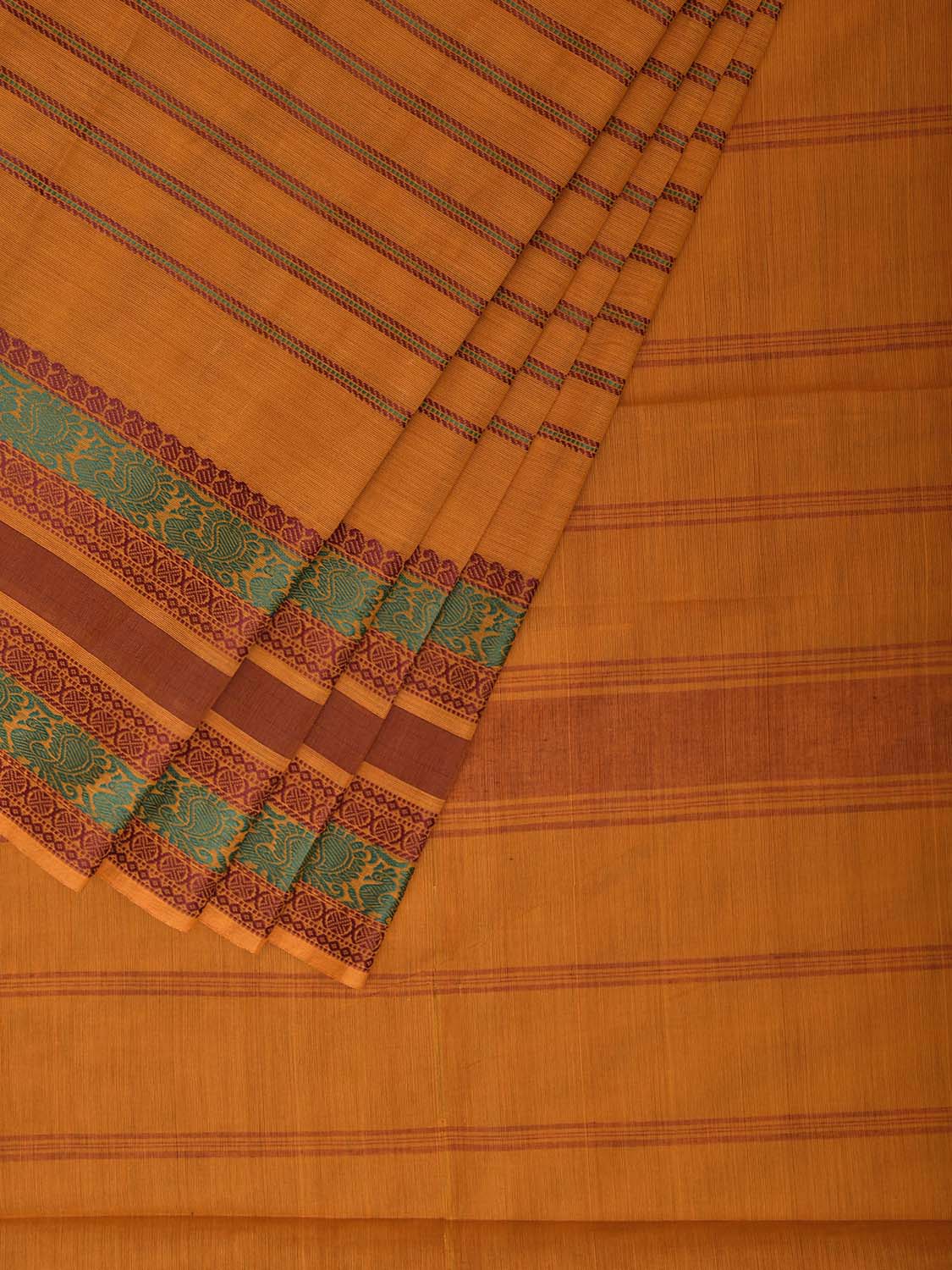 Mustard Kanchipuram Cotton Saree with Strips Body and Border Design k0977