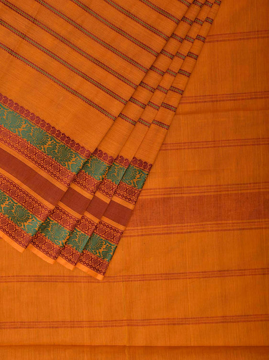 Mustard Kanchipuram Cotton Saree with Strips Body and Border Design k0977