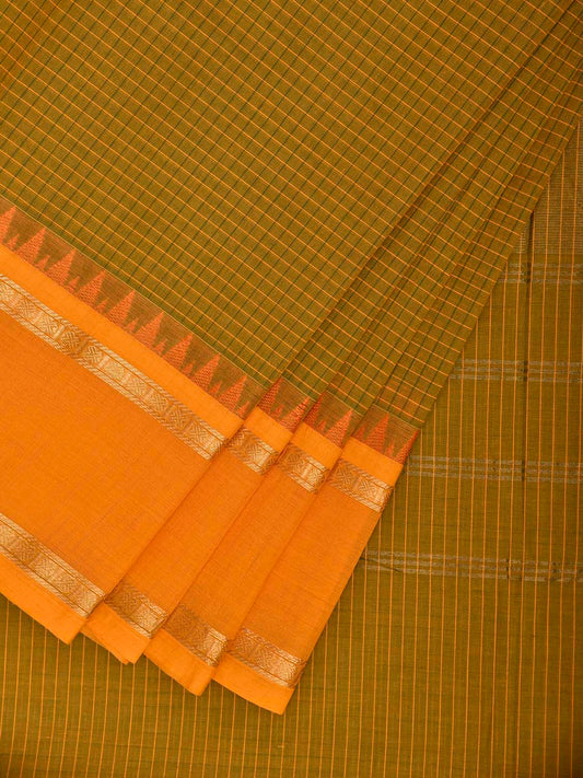 Light Green and Yellow Kanchipuram Cotton Saree with Checks and Strips Pallu Design k0978