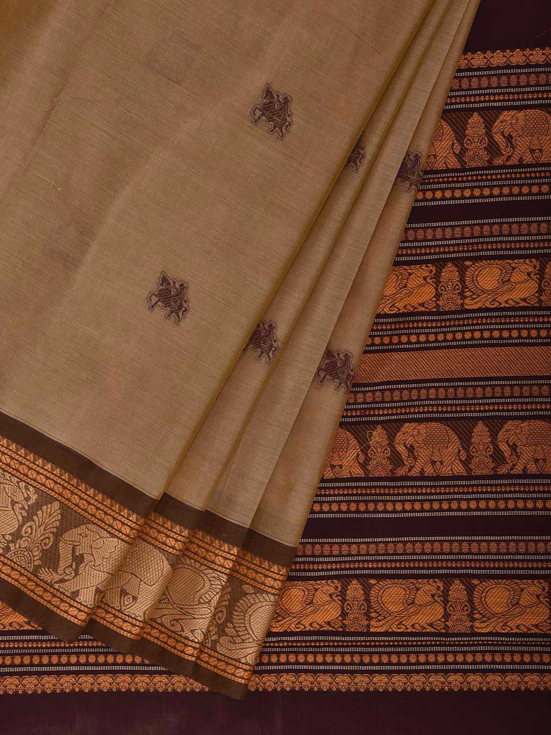 Cream and Brown Kanchipuram Cotton Saree with Checks and Pallu Design k0979