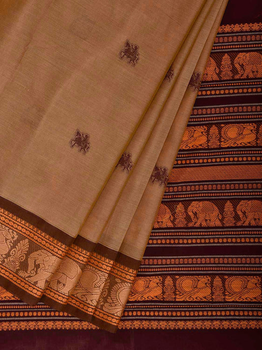 Cream and Brown Kanchipuram Cotton Saree with Checks and Pallu Design k0979