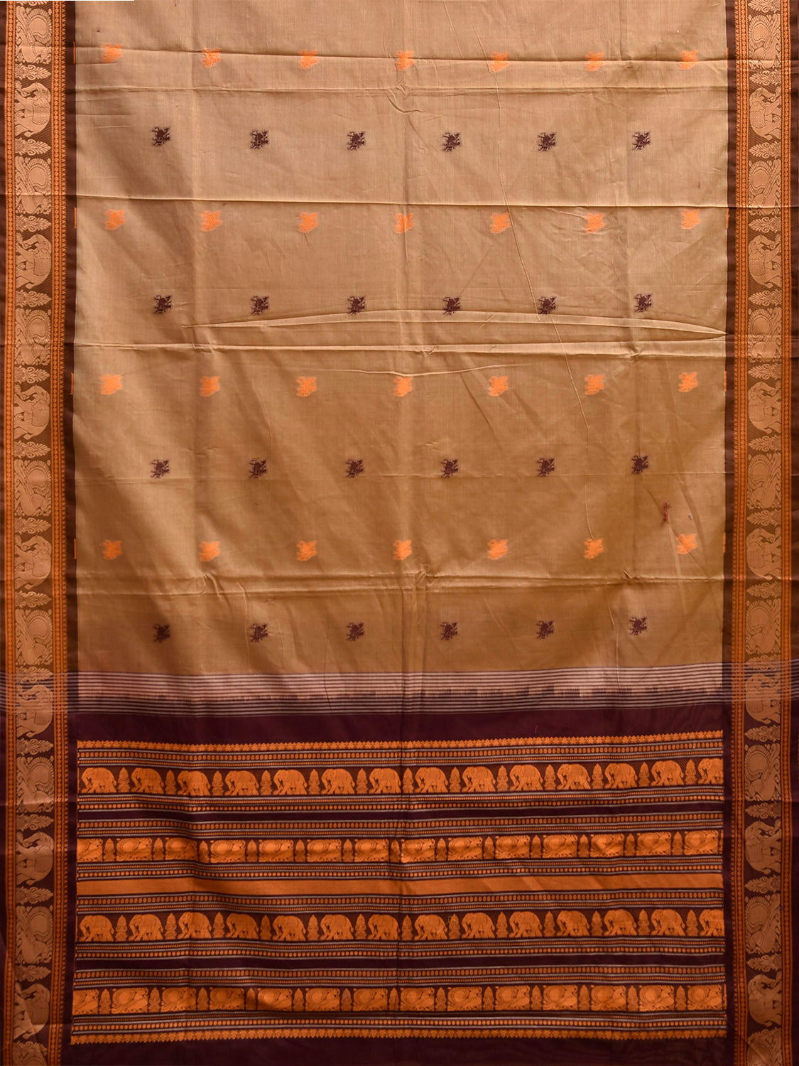 Cream and Brown Kanchipuram Cotton Saree with Checks and Pallu Design k0979