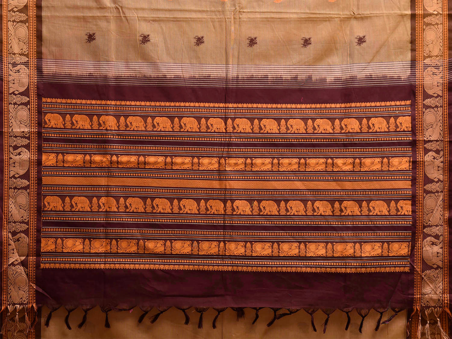 Cream and Brown Kanchipuram Cotton Saree with Checks and Pallu Design k0979