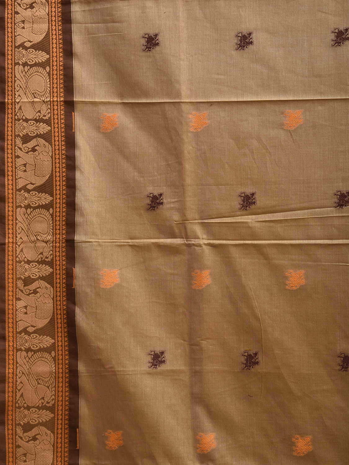 Cream and Brown Kanchipuram Cotton Saree with Checks and Pallu Design k0979