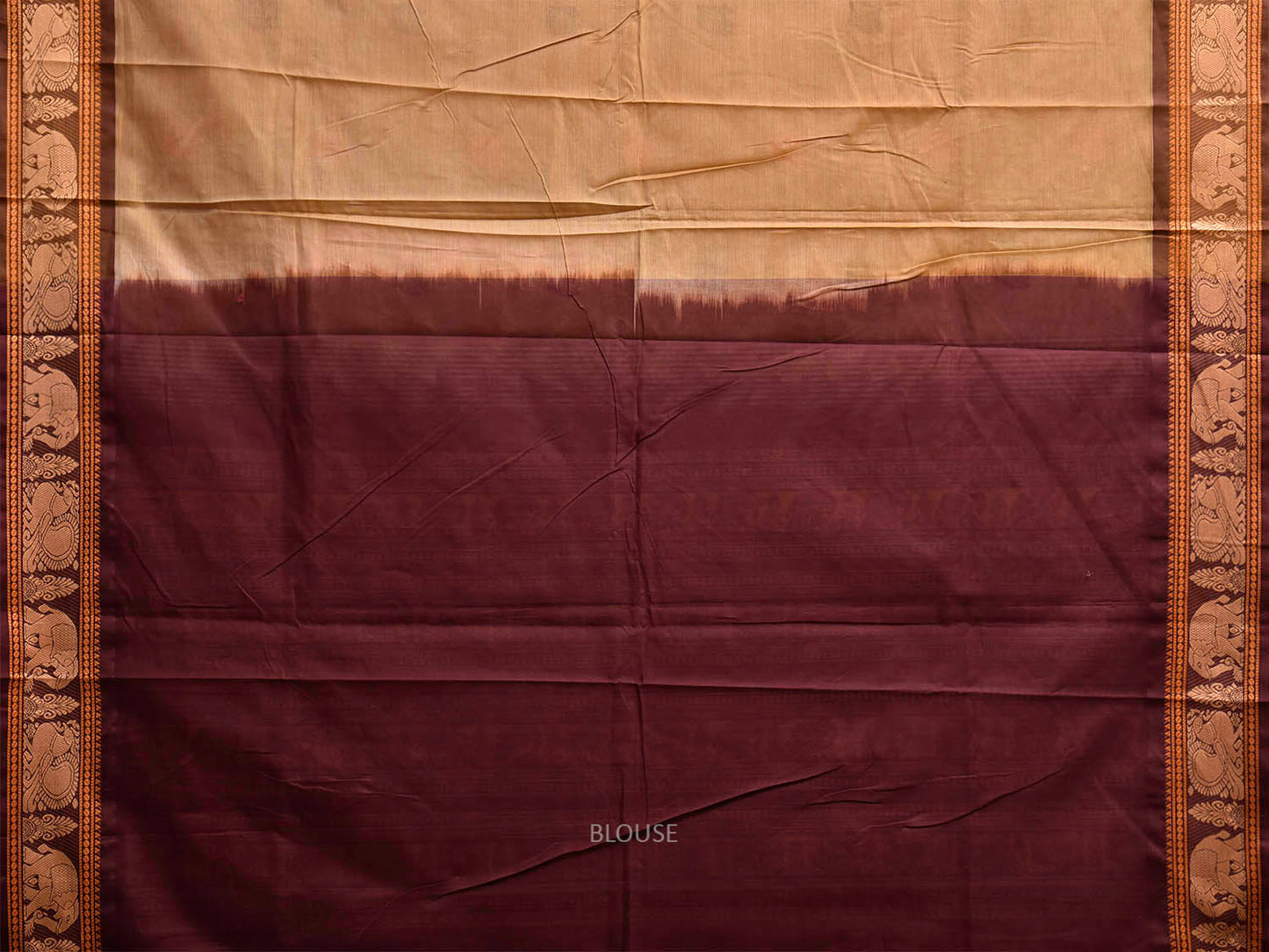 Cream and Brown Kanchipuram Cotton Saree with Checks and Pallu Design k0979