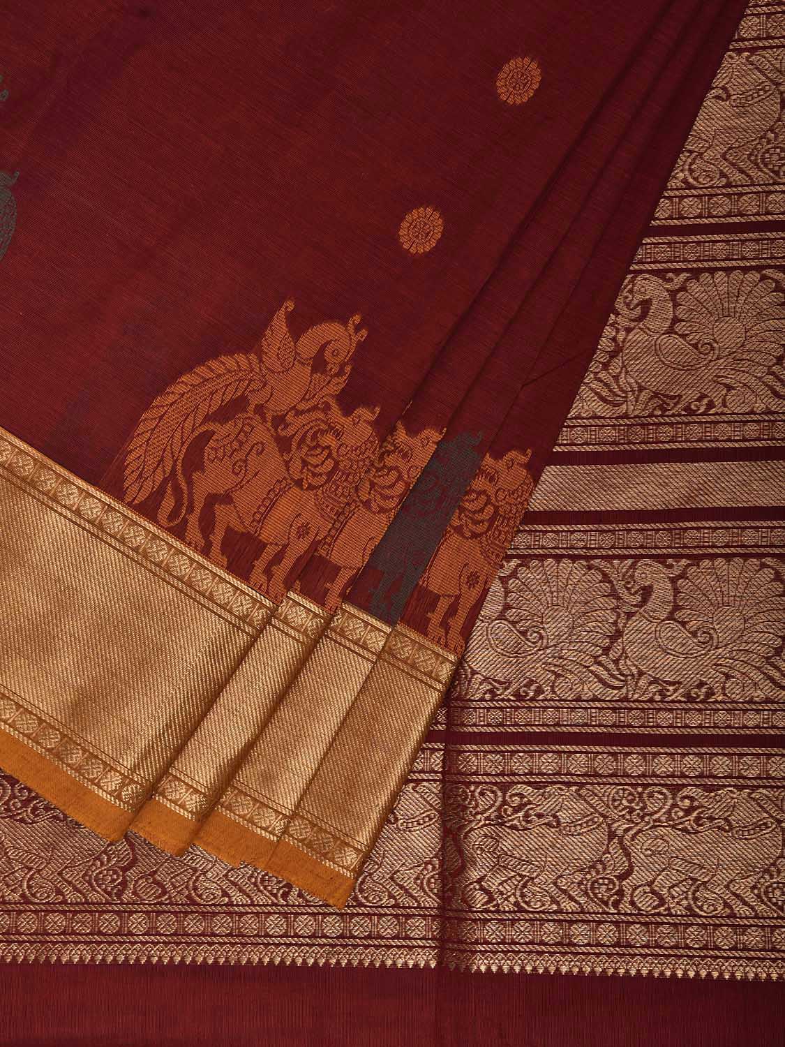 Dark Red and Mustard Kanchipuram Cotton Saree with One Side Border and Pallu Design k0980