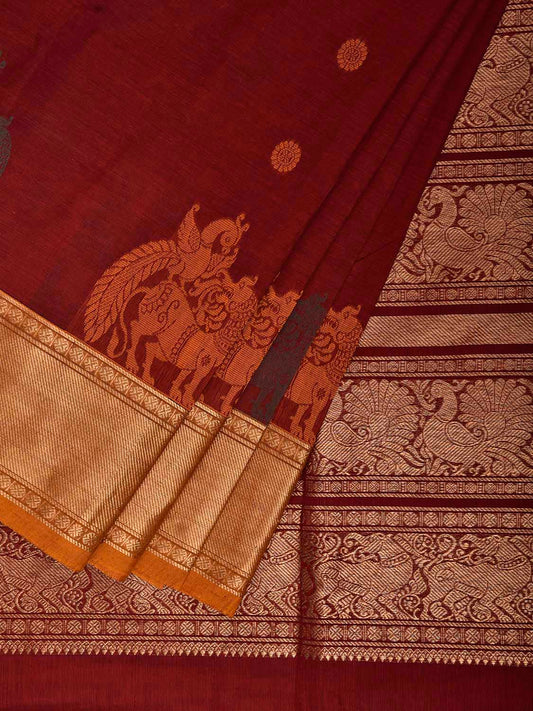 Dark Red and Mustard Kanchipuram Cotton Saree with One Side Border and Pallu Design k0980