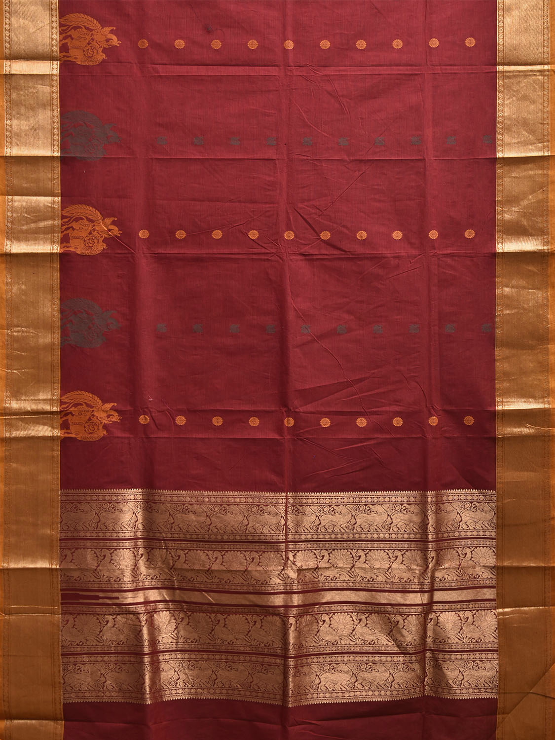 Dark Red and Mustard Kanchipuram Cotton Saree with One Side Border and Pallu Design k0980