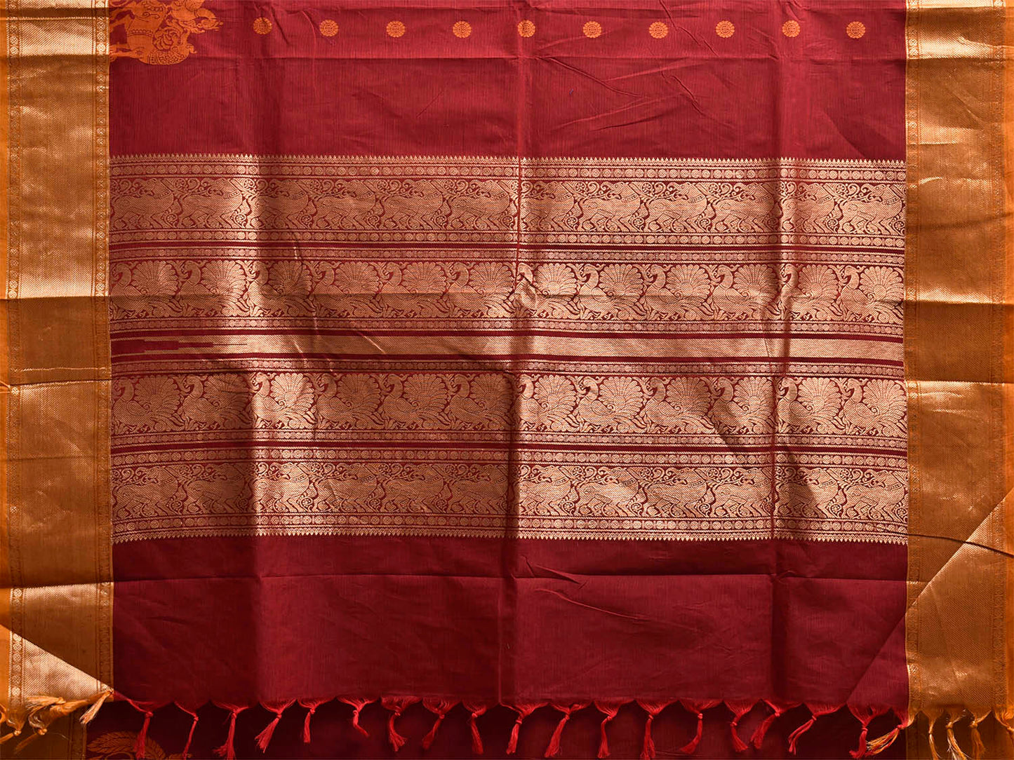 Dark Red and Mustard Kanchipuram Cotton Saree with One Side Border and Pallu Design k0980