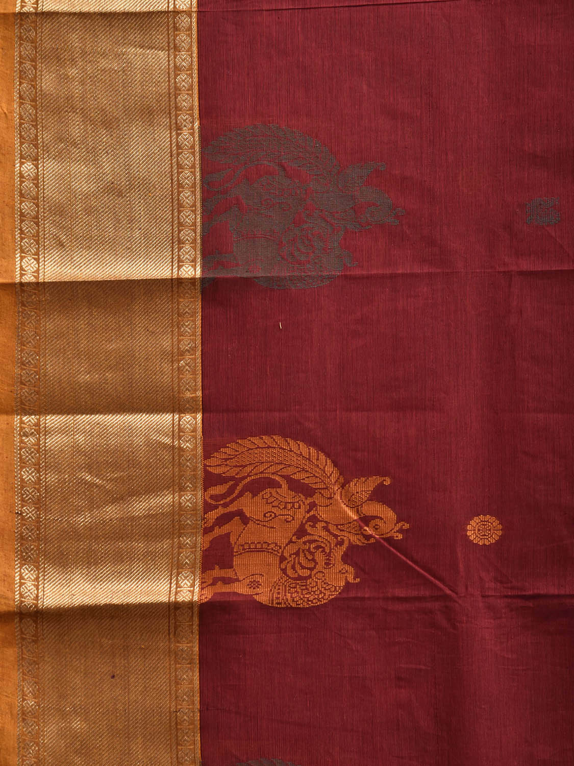 Dark Red and Mustard Kanchipuram Cotton Saree with One Side Border and Pallu Design k0980