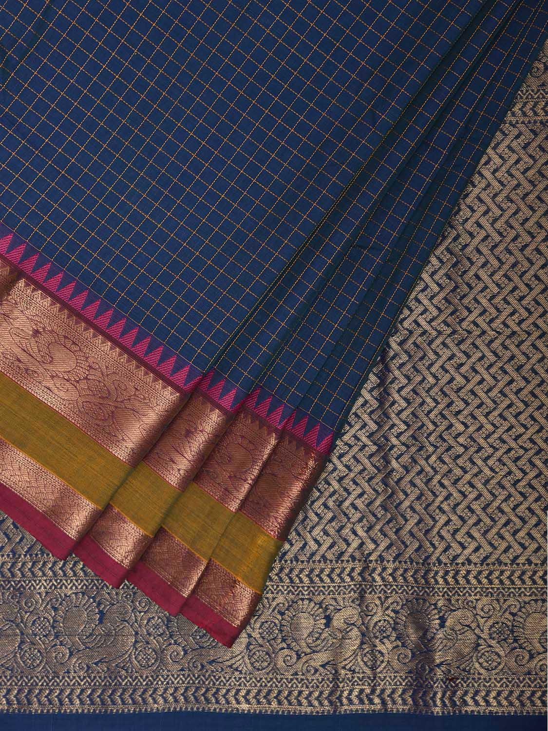 Blue Kanchipuram Cotton Saree with Checks and Pallu Design k0981