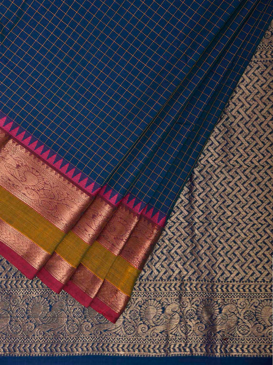 Blue Kanchipuram Cotton Saree with Checks and Pallu Design k0981