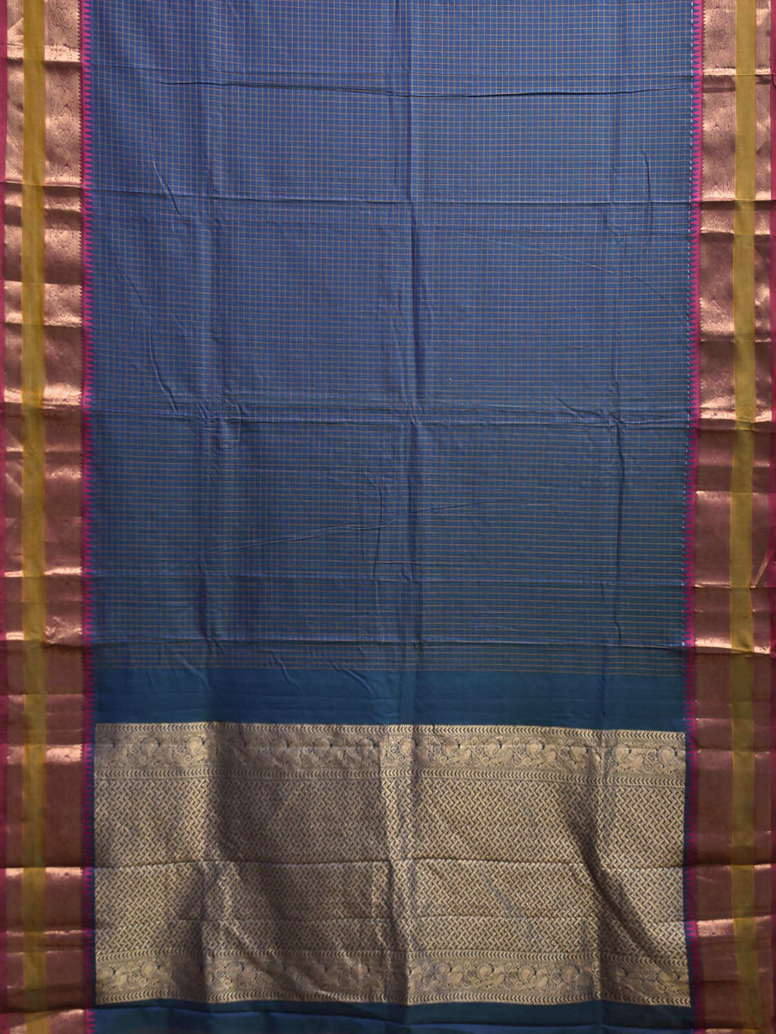 Blue Kanchipuram Cotton Saree with Checks and Pallu Design k0981